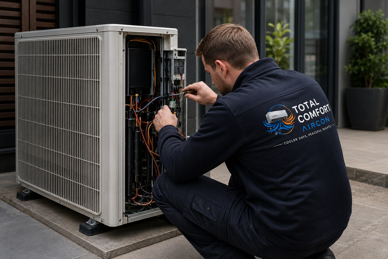 Total Comfort Aircon engineer servicing an outdoor air conditioning unit