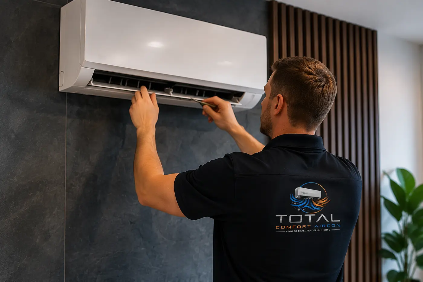 Total Comfort Aircon engineer working on an air conditioning unit